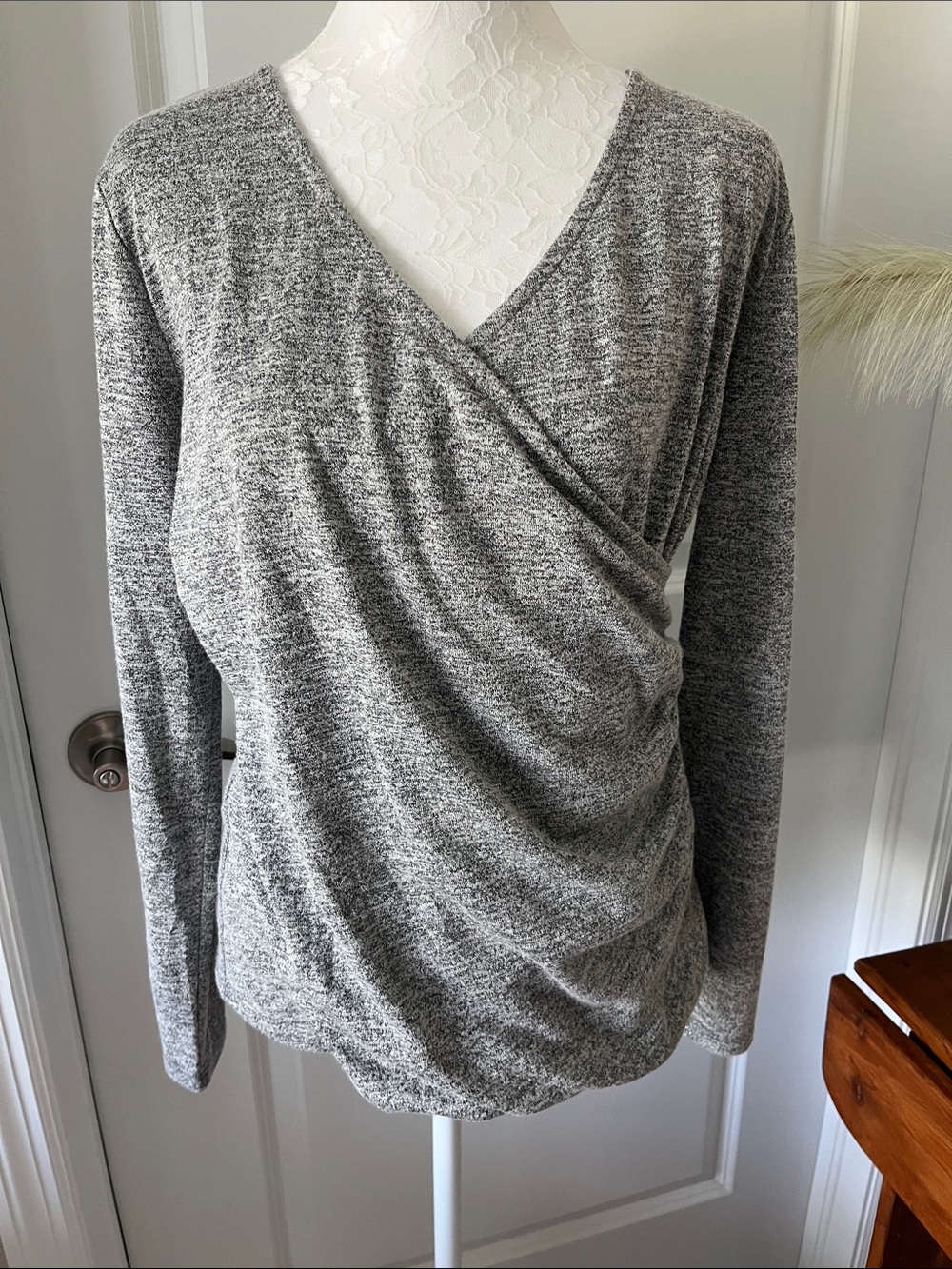Talbots Heather Gray Metallic Threading Faux Wrap-Detail Ruched Side
